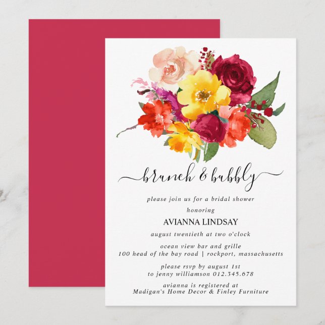 Invitation Burgundy Orange Jaune Rose Bridal Brunch Bubbly (Devant / Derrière)