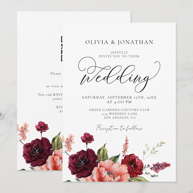 Invitation Burgundy Peach All in 1 Budget QR Code Mariage (Devant / Derrière)