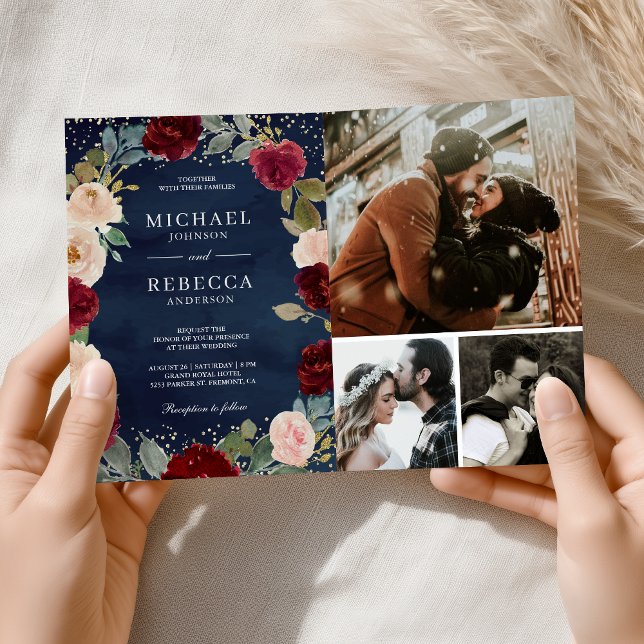 Invitation Burgundy Peach Floral QR Code Navy Blue Wedding (Créateur téléchargé)