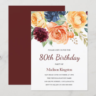 Invitation Burgundy Peach Navy Floral 80e Anniversaire