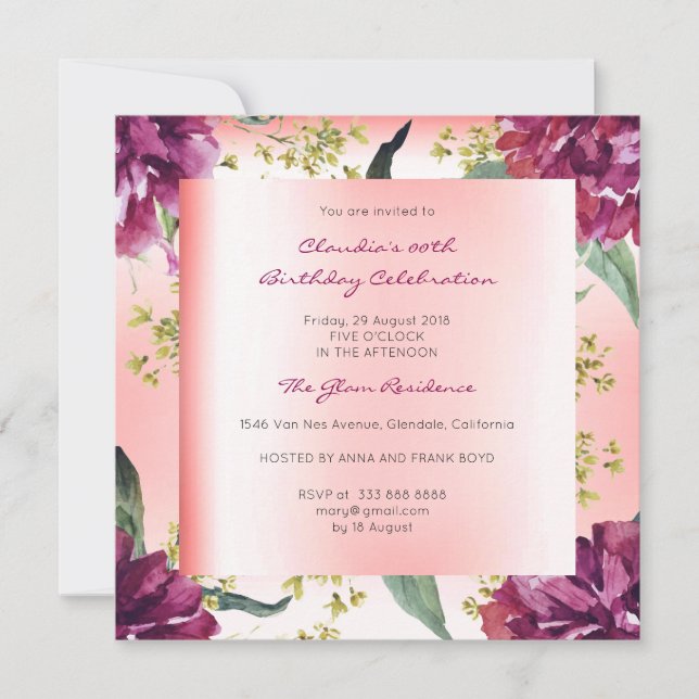 Invitation Burgundy Peach rose Floral Tropical Peony Annivers (Devant)