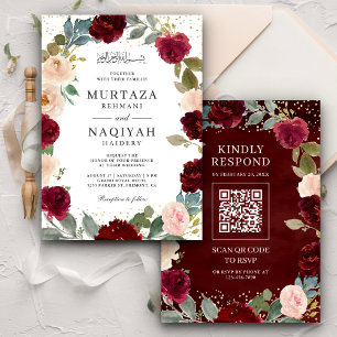 Invitation Burgundy Pêcher Floral QR Code Mariage musulman