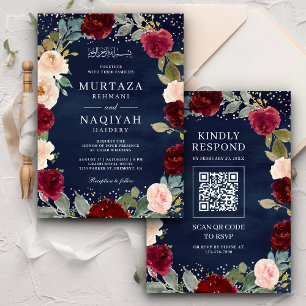 Invitation Burgundy Pêcher Floral QR Code Marine Mariage musu