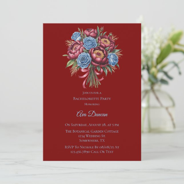 Invitation Burgundy Peony et Blue Rose Bachelorette Party (Debout devant)