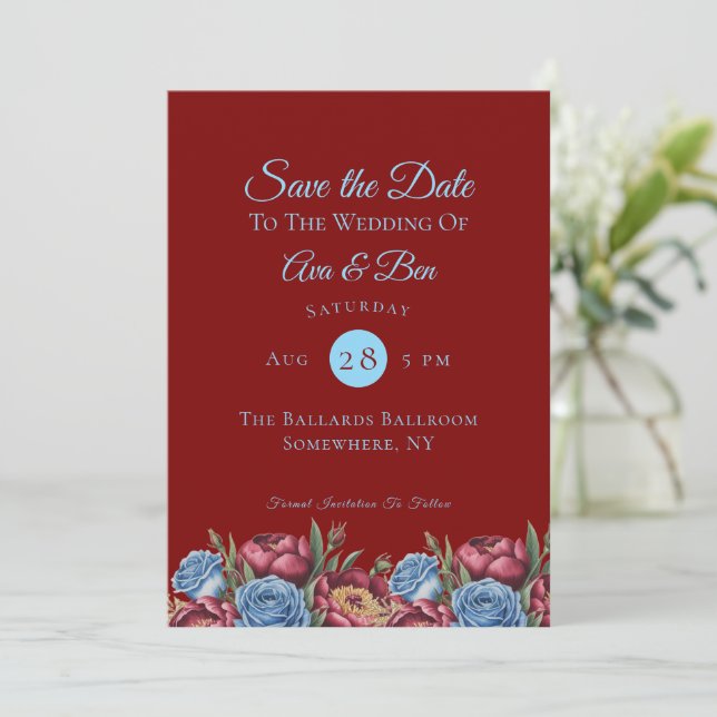 Invitation Burgundy Peony et Blue Rose Enregistrer la date (Debout devant)