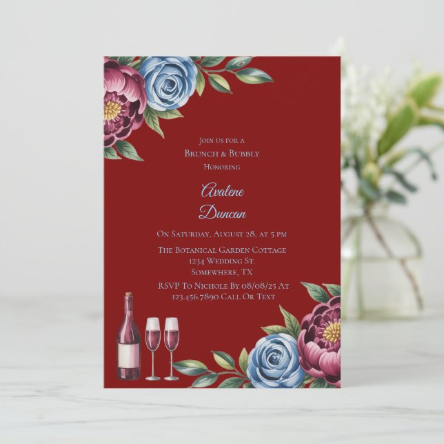 Invitation Burgundy Peony et Rose bleu Brunch & Bubbly (Debout devant)