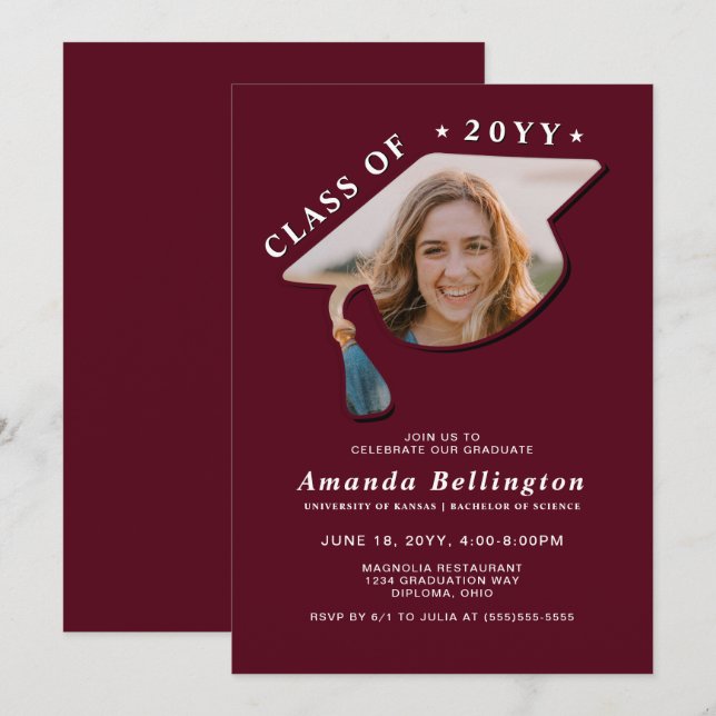 Invitation Burgundy Photo Graduation Party (Devant / Derrière)