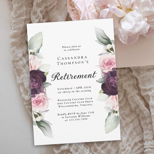 Invitation Burgundy Pink Floral Élégant Parti de retraite (Available as printed and paperless digital download!)