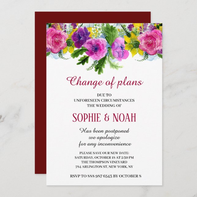 Invitation Burgundy pink Floral Garland Rescheduled Wedding (Devant / Derrière)