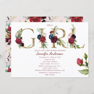 Invitation Burgundy Pink Gold Rose Baby Girl Show