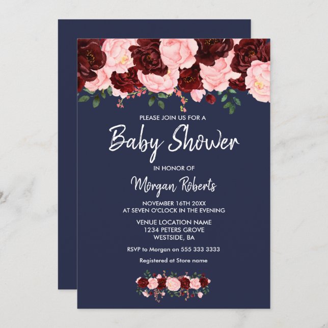 Invitation Burgundy Pink Navy Blue Floral Baby shower Invitat (Devant / Derrière)