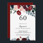 Invitation Burgundy Pink Navy Floral 60e fête d'anniversaire<br><div class="desc">Cette invitation à la fête du 60e anniversaire rose bordeaux est parfaite pour une fête d'anniversaire rustique. Le design se compose de pivoines roses,  rousses,  navales,  bleues et bordeaux,  de roses au feuillage vert soigneusement assemblés en bouquets élégants.</div>