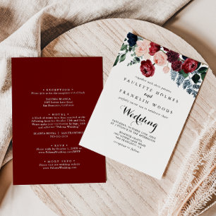 Invitation Burgundy Pink Navy Floral Front & Back Mariage
