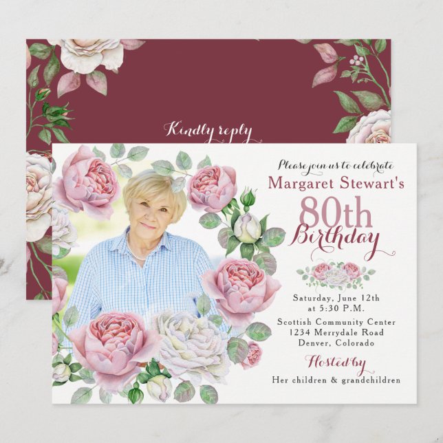 Invitation Burgundy Pink Pays Rose Wreath Photo Anniversaire (Devant / Derrière)