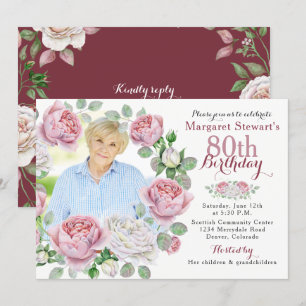 Invitation Burgundy Pink Pays Rose Wreath Photo Anniversaire