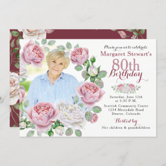 Invitation Burgundy Pink Pays Rose Wreath Photo Anniversaire