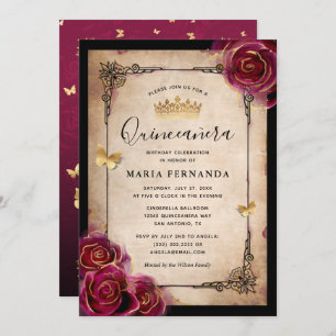 Invitation Burgundy Plum Gold Elegant Rose Quinceanera