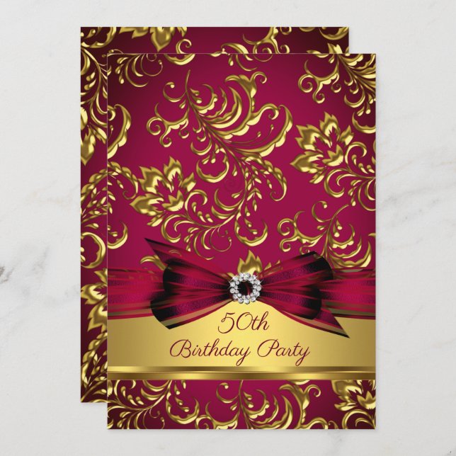 Invitation Burgundy Plum Red Gold Damask 50e anniversaire fêt (Devant / Derrière)