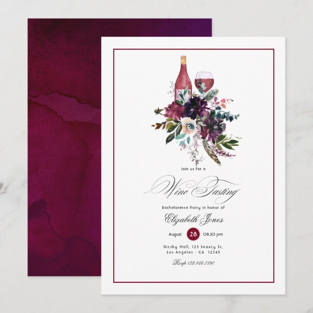 Invitation Burgundy Plum Red Wine thème Bachelorette Party (Devant / Derrière)