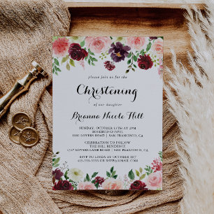 Invitation Burgundy Printemps Floral Calligraphie Christening