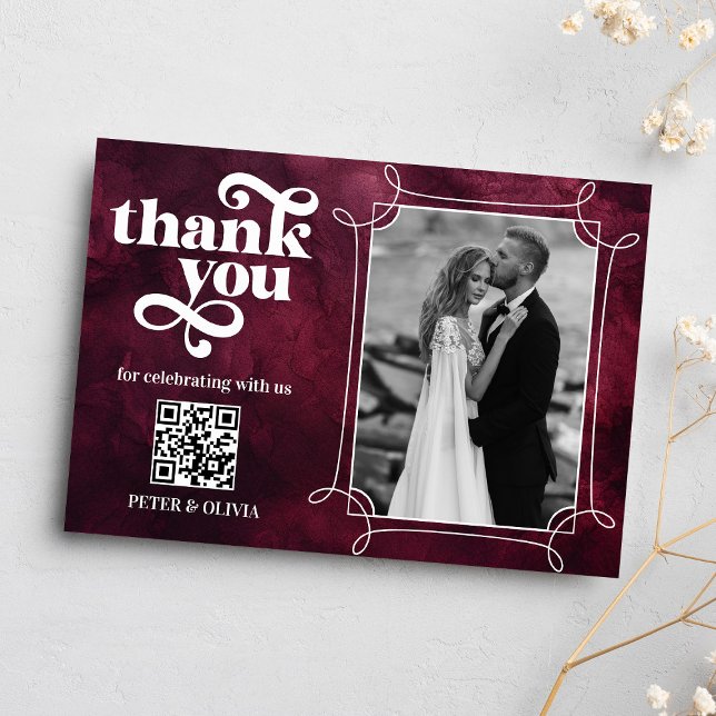 Invitation Burgundy QR Code Bold Typography Thank you Card (Créateur téléchargé)