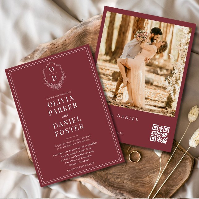 Invitation Burgundy QR Code Classic Crest Photo Mariage (Créateur téléchargé)