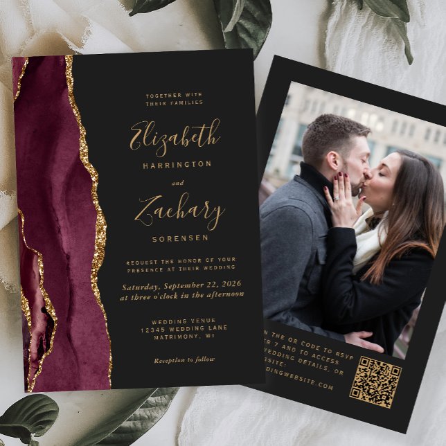 Invitation Burgundy Red Agate Dark Photo QR Code Mariage (Créateur téléchargé)