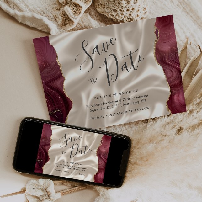 Invitation Burgundy Red Agate ivoire soie Enregistrer la date (Créateur téléchargé)