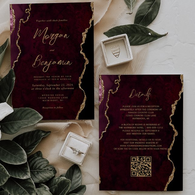 Invitation Burgundy Red Agate Script QR Code Mariage (Créateur téléchargé)