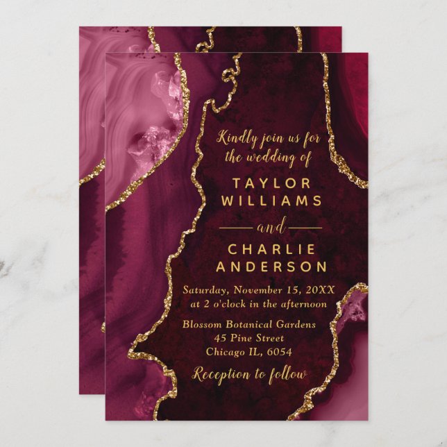Invitation Burgundy Red and Gold Agate Marble Wedding (Devant / Derrière)