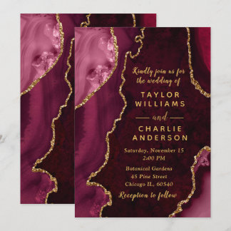 Invitation Burgundy Red and Gold Agate Marble Wedding