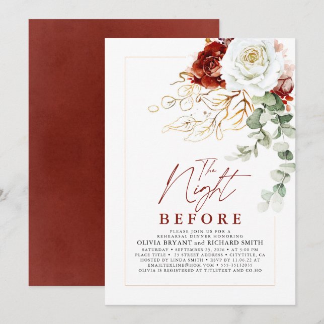 Invitation Burgundy Red and White Floral Rehearsal Dinner (Devant / Derrière)