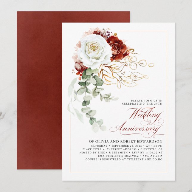 Invitation Burgundy Red and White Floral Wedding Anniversary (Devant / Derrière)