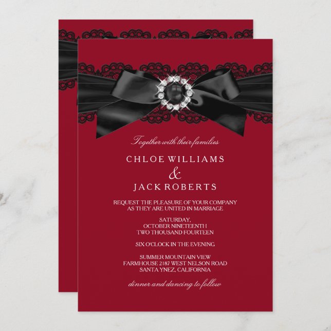 Invitation Burgundy Red & Black Pearl Bow Wedding Invite (Devant / Derrière)
