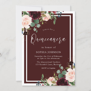 Invitation Burgundy Red & Blush Floral Quinceanera Party