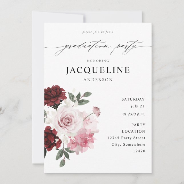 Invitation Burgundy Red & Blush Pink Floral Graduation Party (Devant)