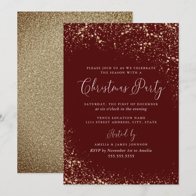 Invitation Burgundy Red Christmas Gold Dust (Devant / Derrière)