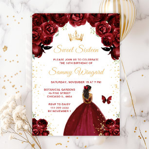 Invitation Burgundy Red Dark Skin Princess Sweet sixteen