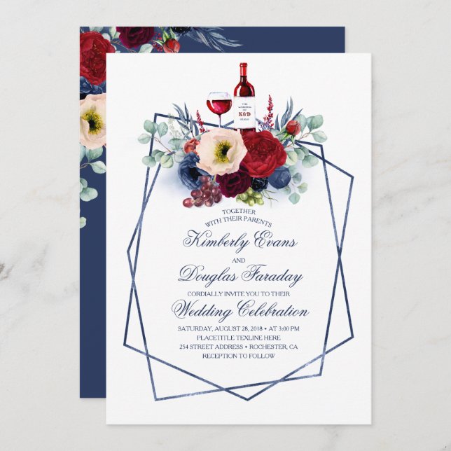 Invitation Burgundy Red et Navy Blue Floral WinMariage (Devant / Derrière)