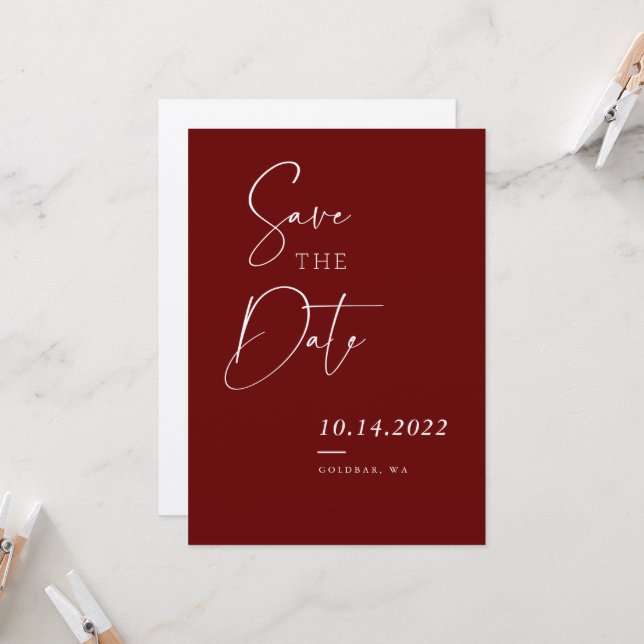 Invitation Burgundy Red Fall Chic Script Enregistrer la date (Devant/Arrière en situation)