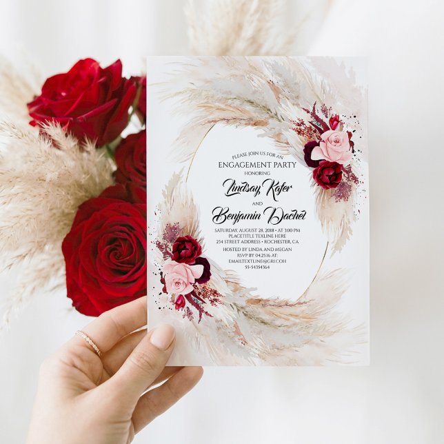 Invitation Burgundy Red Floral Pampas Partie d'engagement en  (Red and Pink Floral Botanical Engagement Party Invitation)