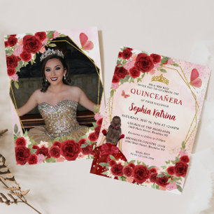 Invitation Burgundy Red Floral Princess Quinceañera Photo
