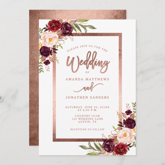 Invitation Burgundy Red Floral Rose Gold Script Mariage (Devant / Derrière)