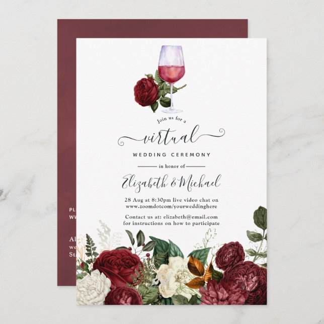 Invitation Burgundy Red Floral Vin thème Mariage virtuel (Devant / Derrière)
