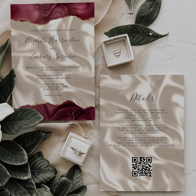 Invitation Burgundy Red Gold Agate Ivory Silk QR Code Mariage (Créateur téléchargé)