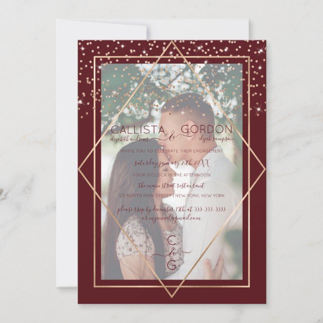 Invitation Burgundy Red Gold Confetti Fiançailles photo front (Devant)