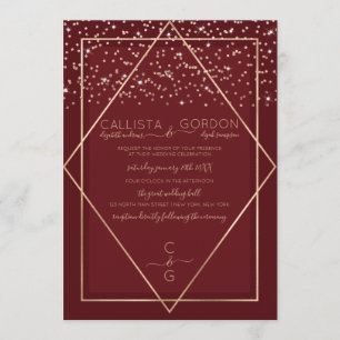 Invitation Burgundy Red Gold Confetti Geo Mariage frontière