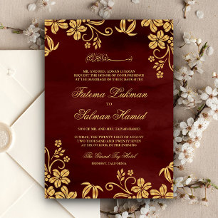 Invitation Burgundy Red Gold Floral Islamic Muslim Wedding