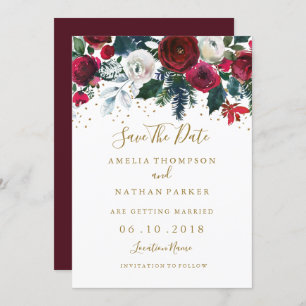 Invitation Burgundy Red Gold Floral Noël Enregistrer la date
