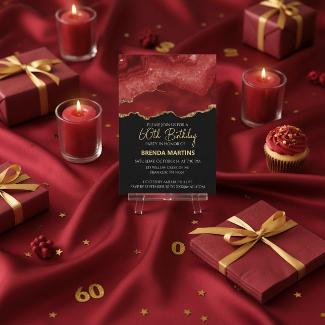 Invitation Burgundy Red Gold Glitter  Watercolor (Créateur téléchargé)